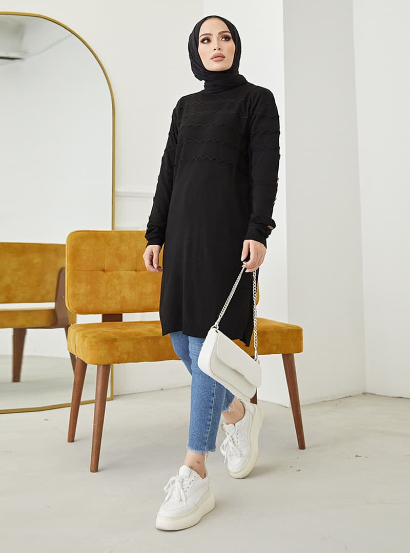 Gofreli Triko Tunik - Siyah