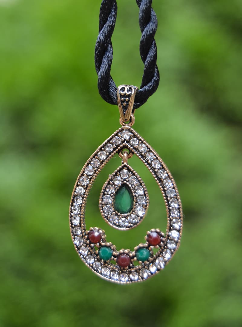 Bronz Damla Kolye Yeşil Taşlı