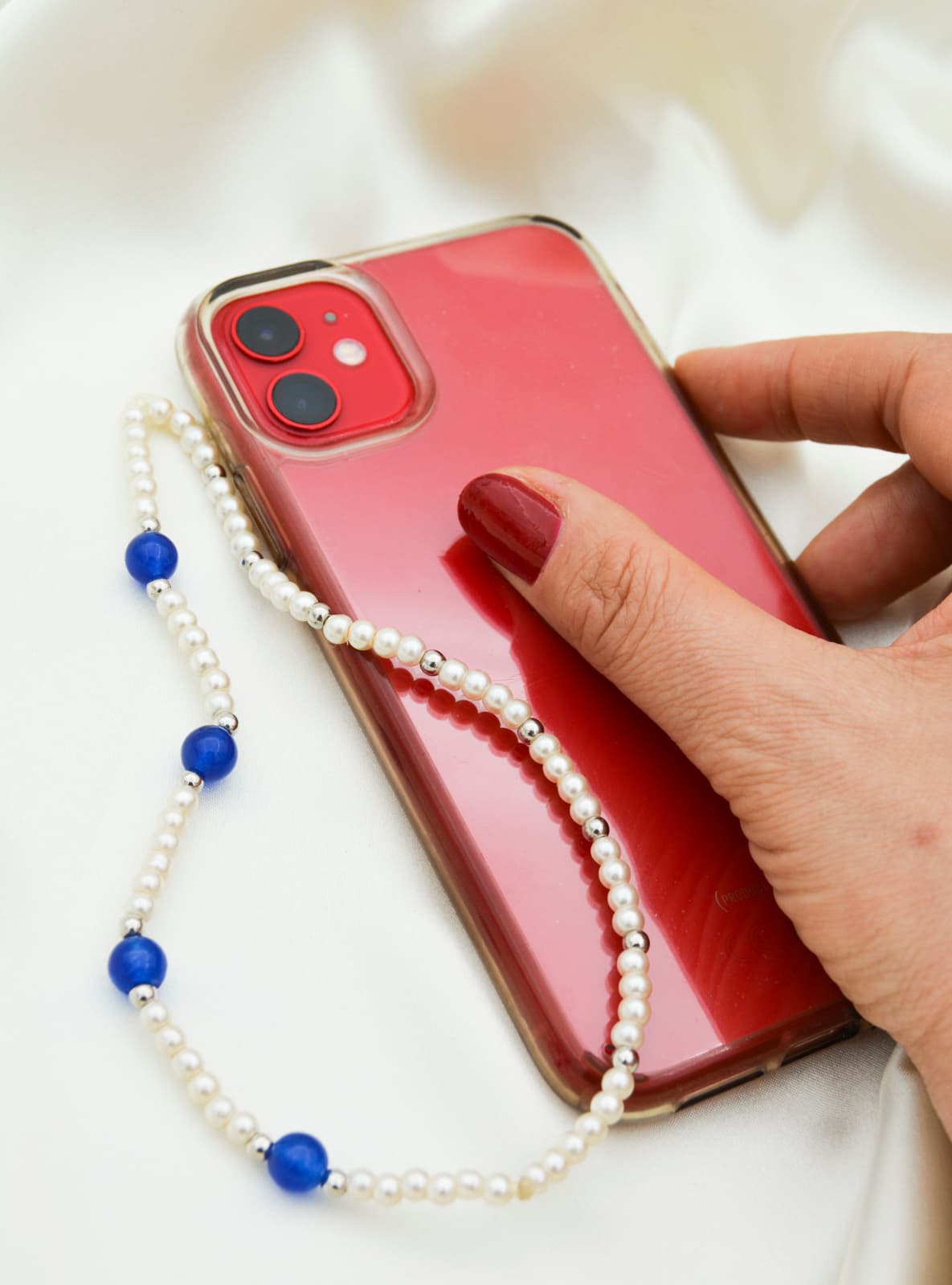 İnci ve Renkli Taşlı Telefon İpi Çok Renkli