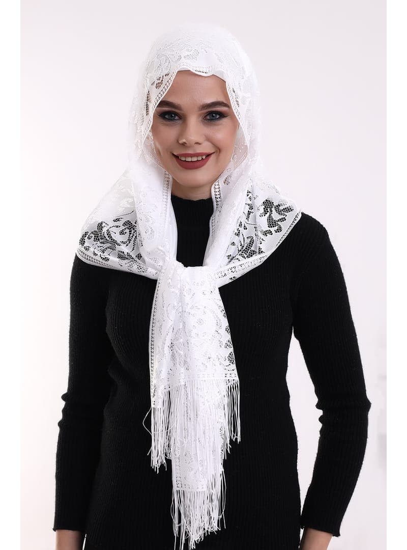 Pamuk Tül Dantelli Şal Beyaz
