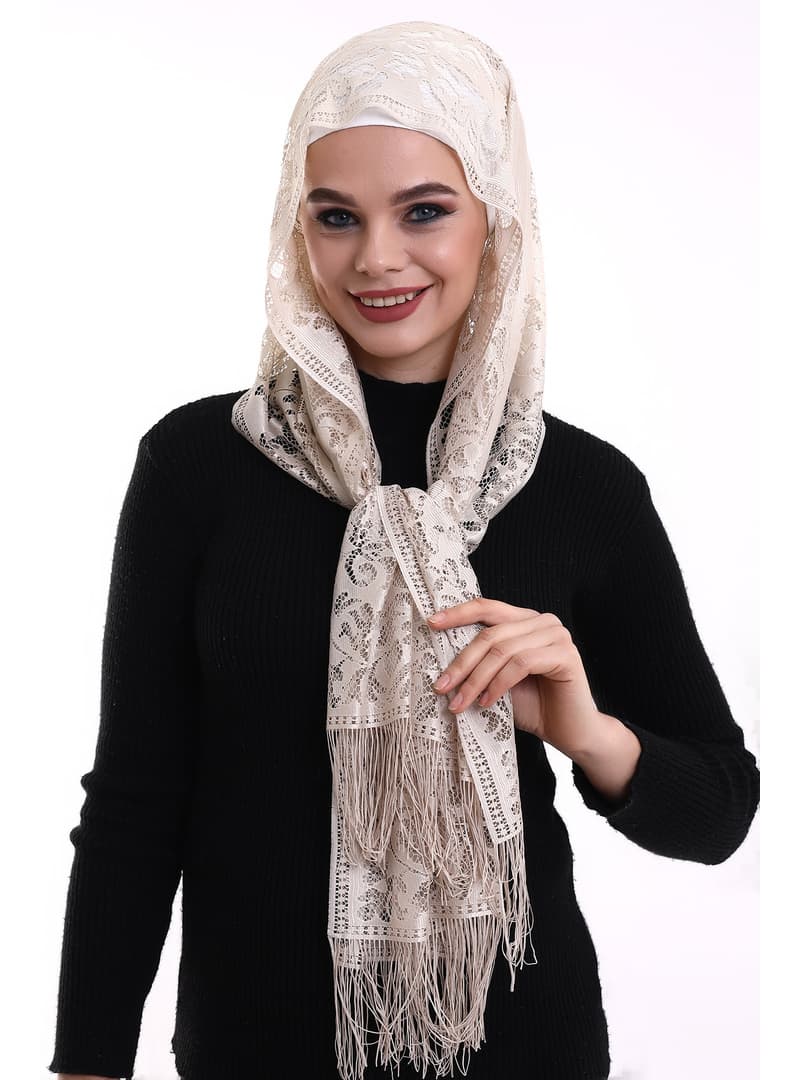 Pamuk Tül Dantel Şal Koyu Krem