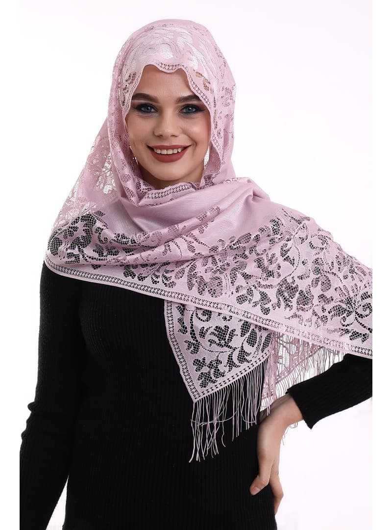 Pamuk Tül Dantelli Şal Pembe