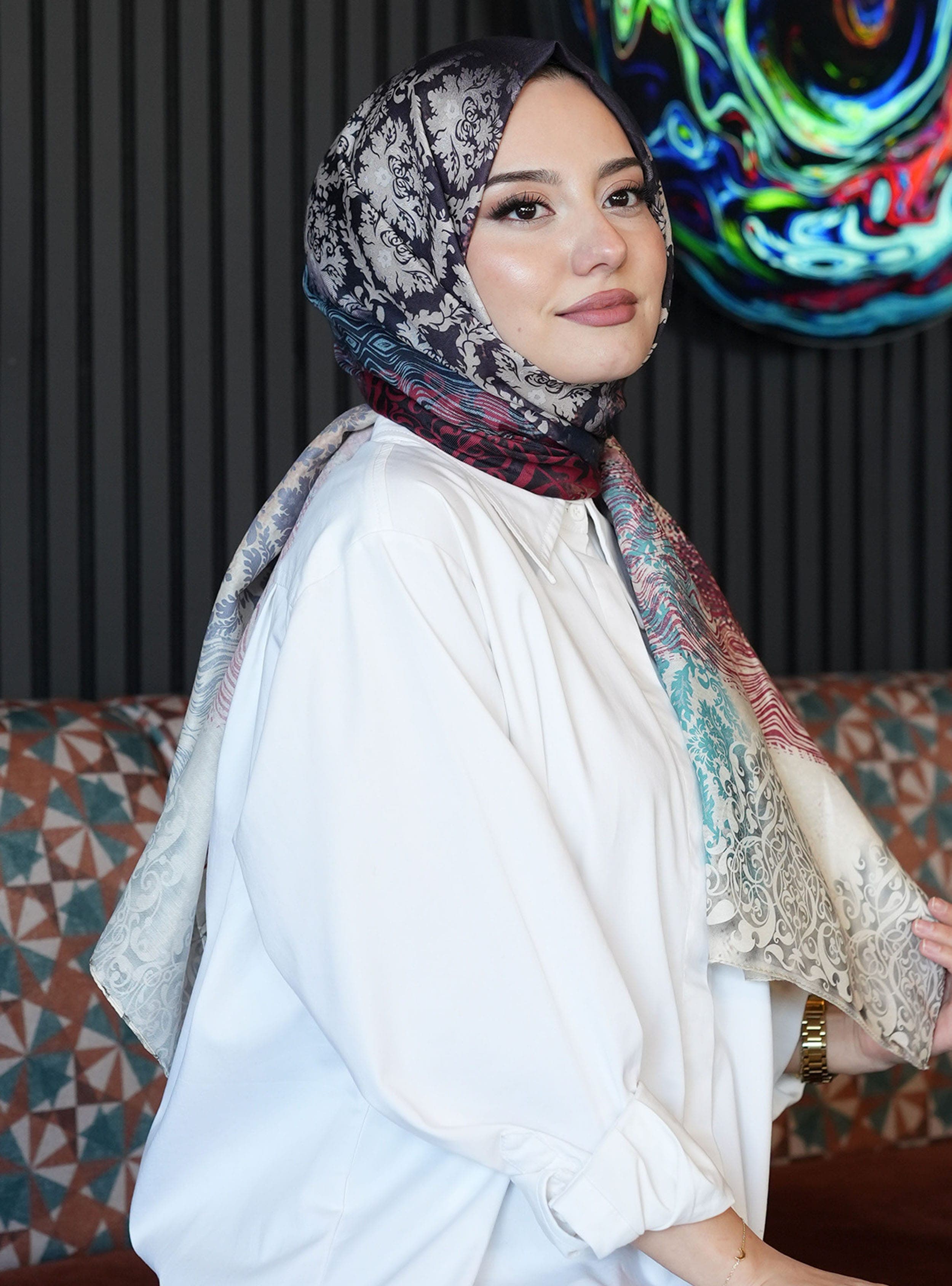 Dalgalı Desenli Pamuk Şal Pudra
