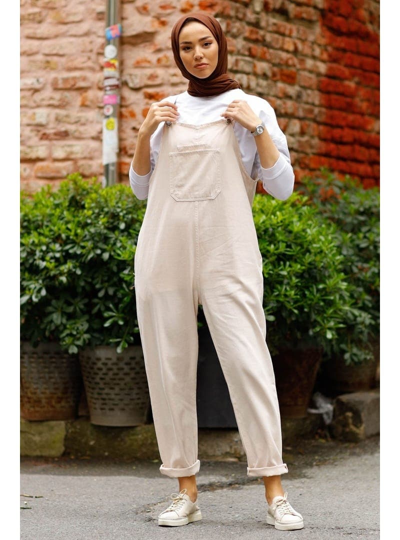 Askılı Gabardin Salopet Bej