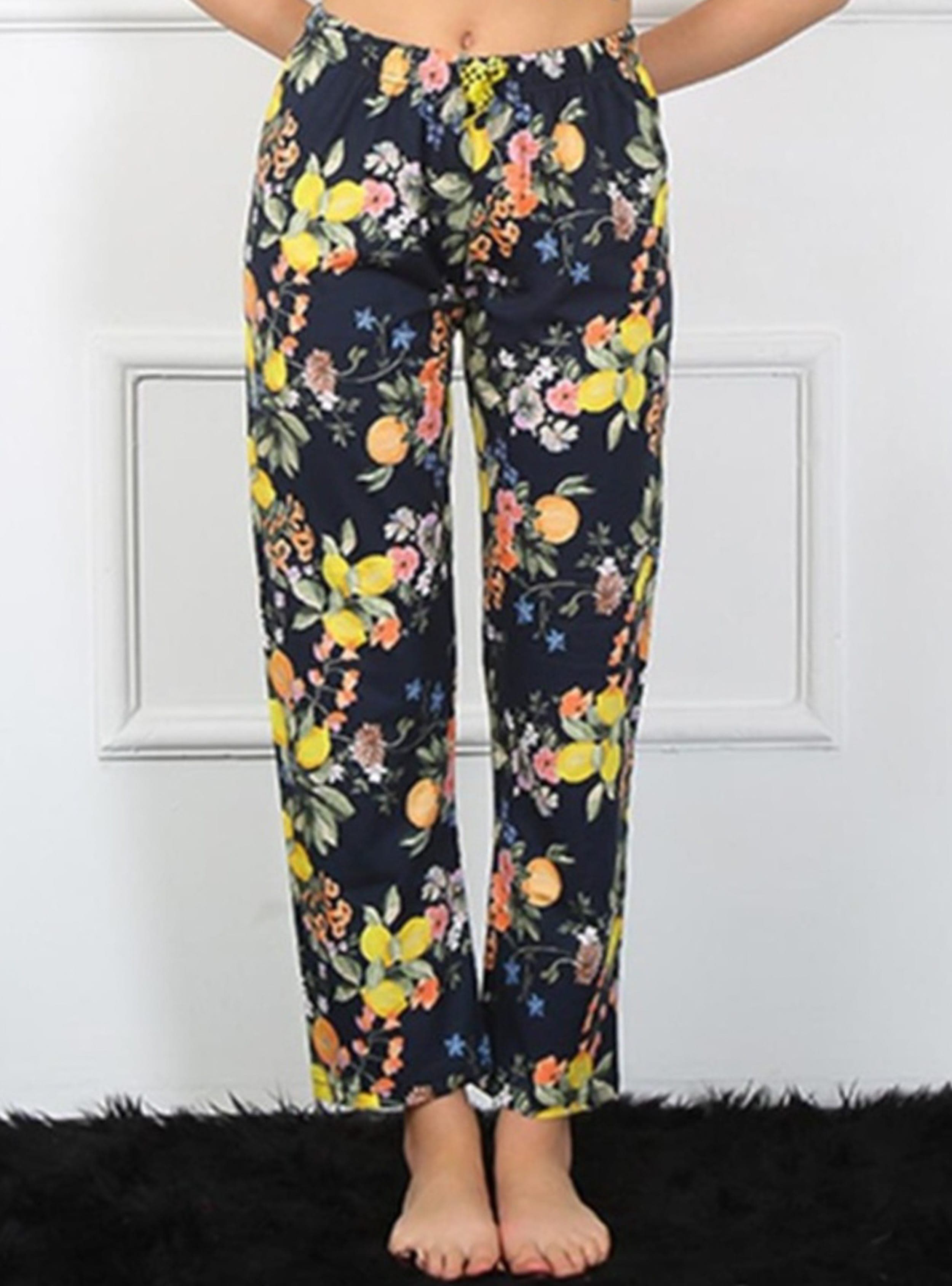 Pamuklu Alt Pijama Çiçek Desenli Lacivert