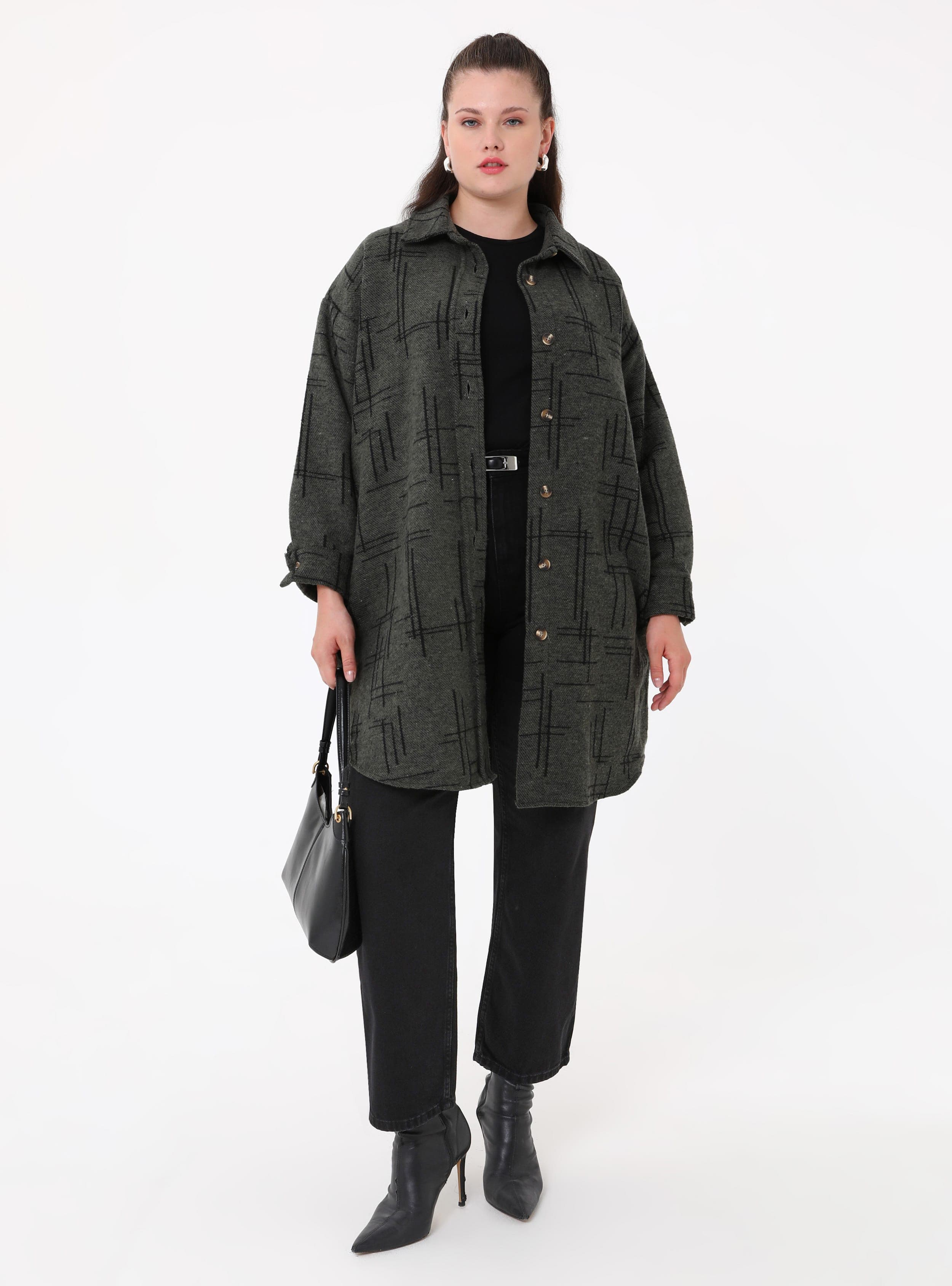 Desenli Oversize Kaşe Ceket - Haki