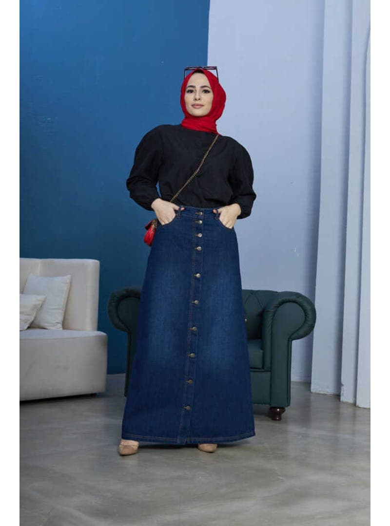 Düğmeli Denim Etek Lacivert