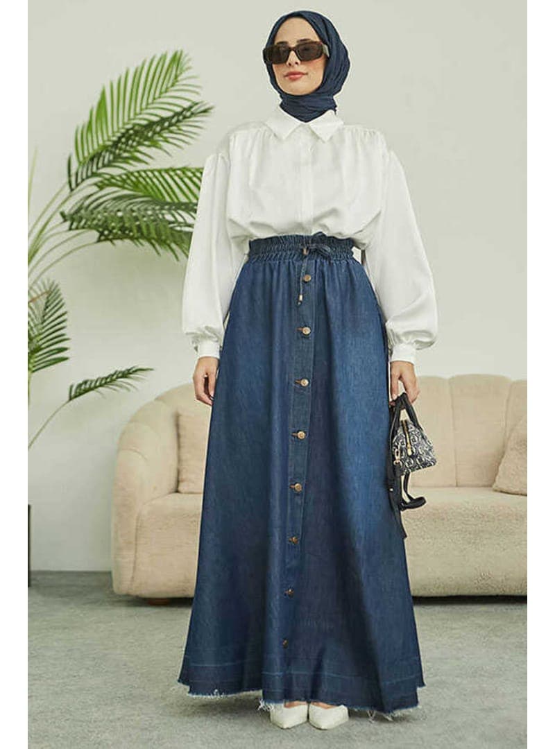 Denim Mevlana Düğmeli Etek Koyu Mavi