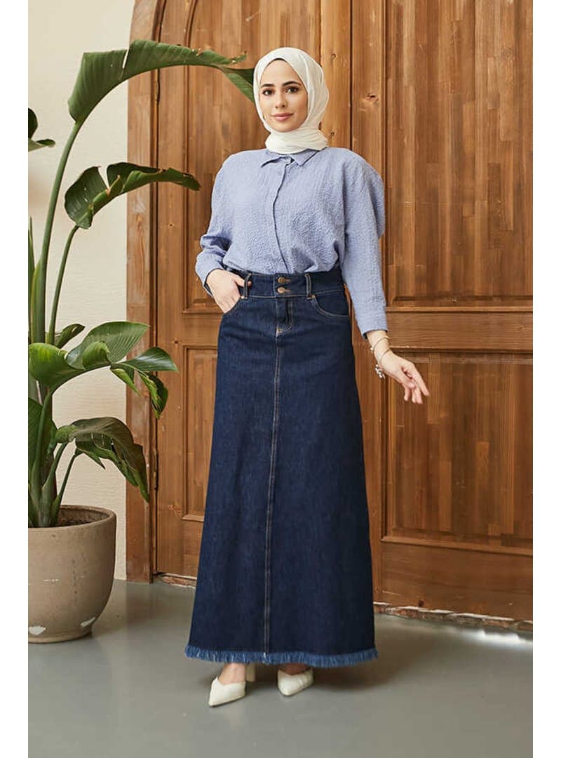 Denim Püsküllü Etek Lacivert