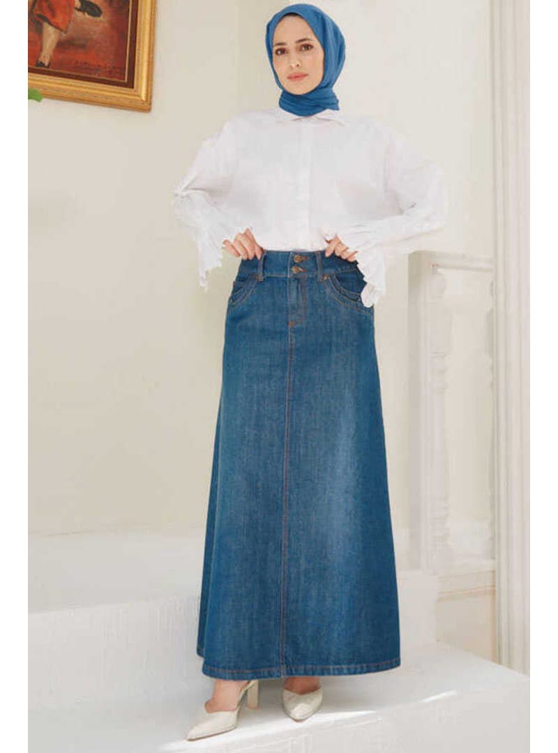 Denim Klasik Etek Koyu Mavi