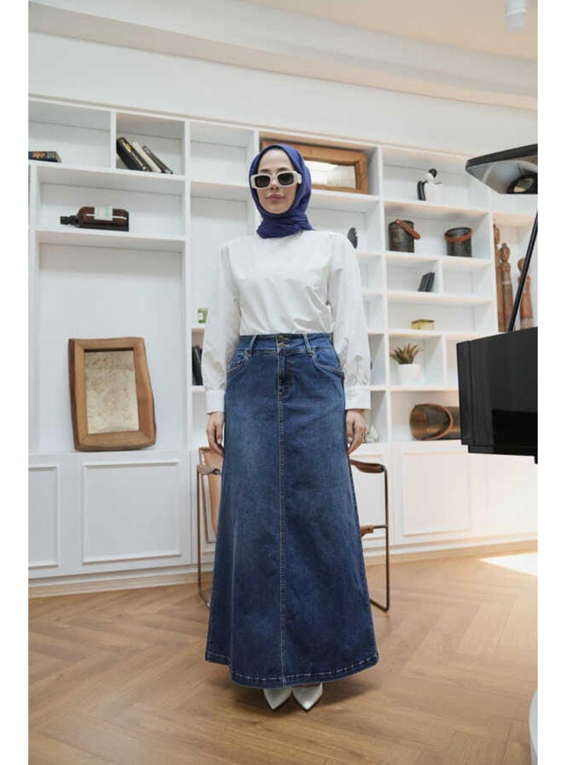 Denim Klasik Etek 2254 Koyu Mavi