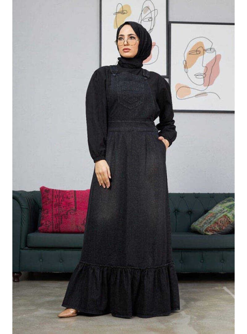Denim Salopet Etek Fırfırlı Siyah