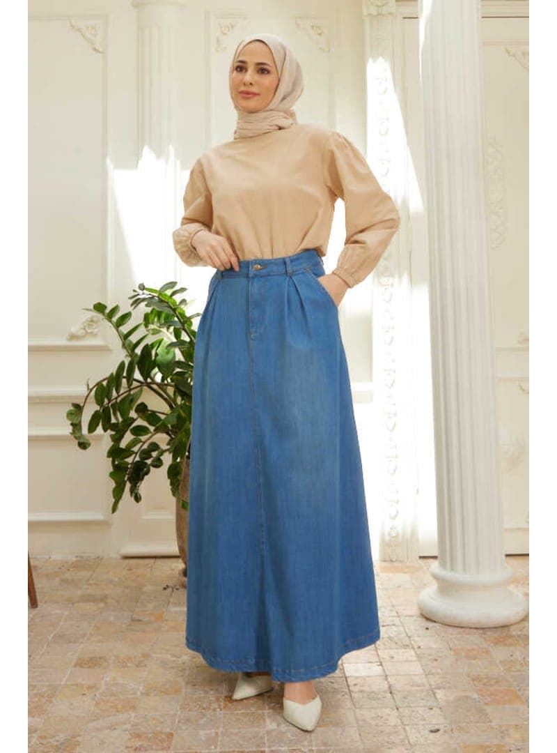 Pileli Denim Etek Koyu Mavi