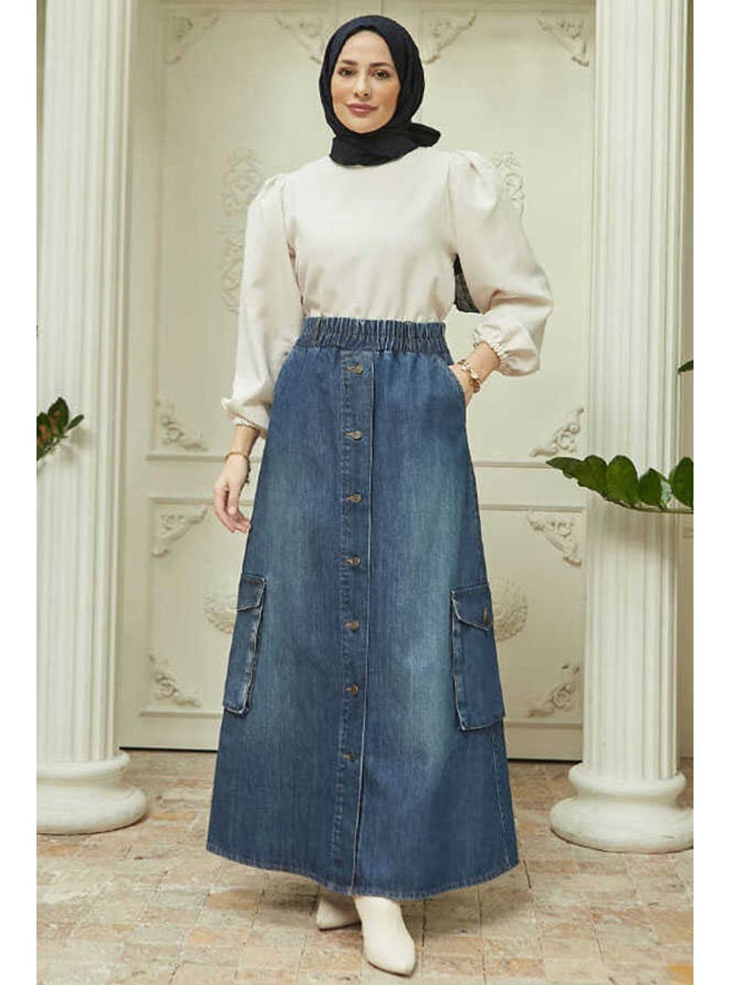 Denim Yan Cepli Etek Koyu Mavi