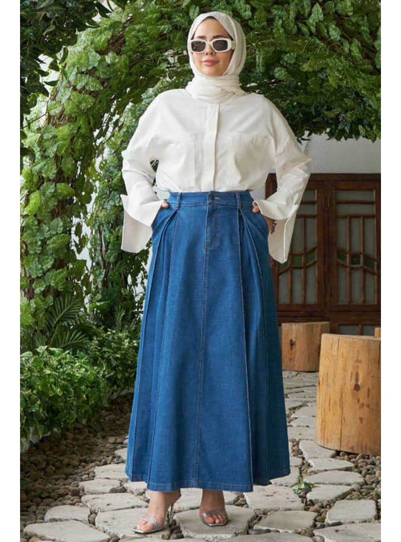 2288 Denim Pileli Etek Koyu Mavi