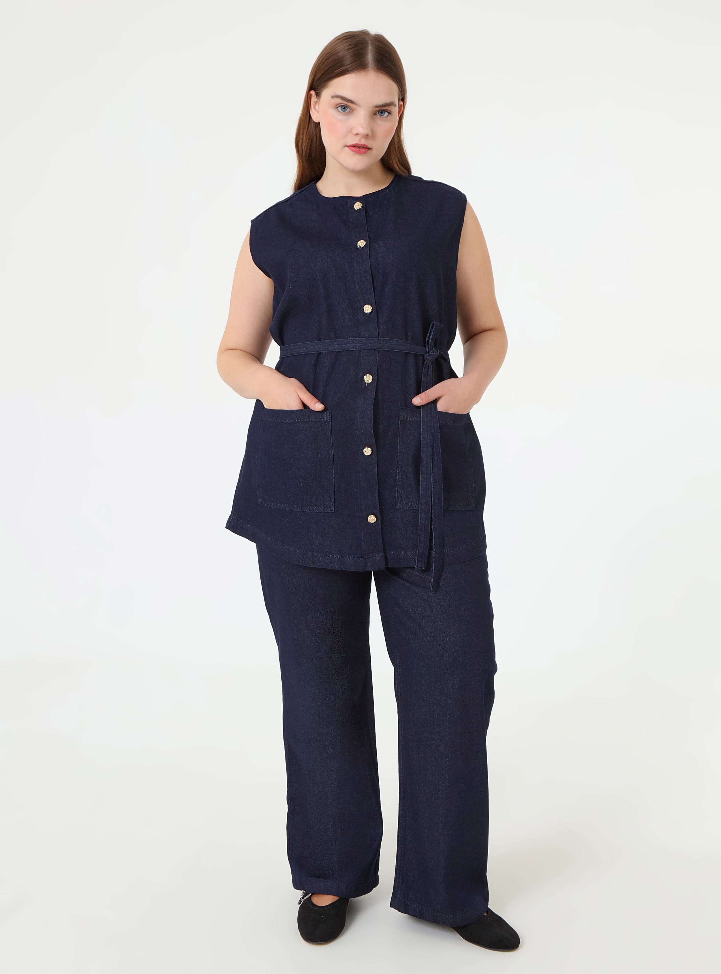 Denim Cep Detaylı Yelek Pantolon Büyük Beden Takım Lacivert