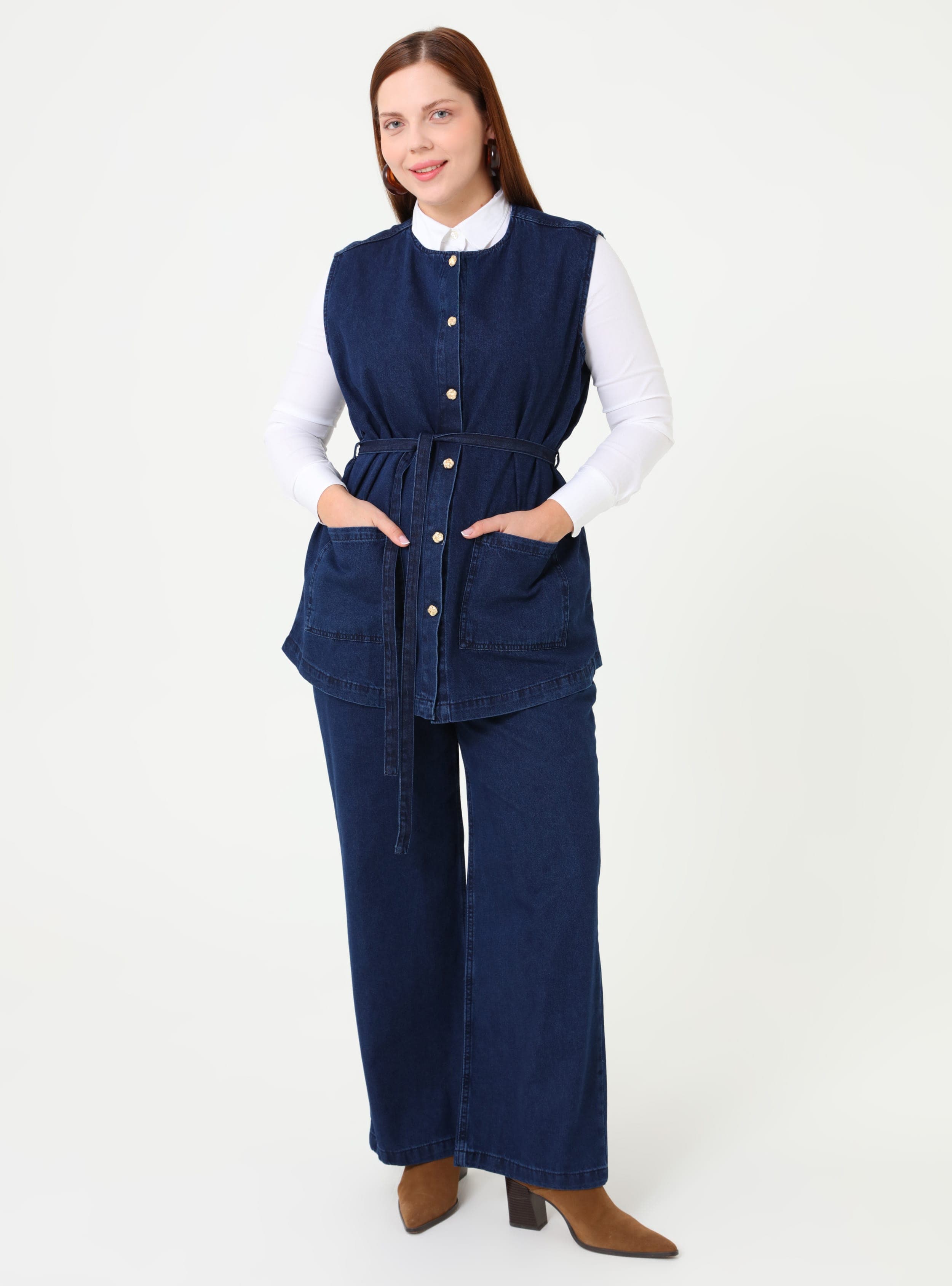 Denim Cep Detaylı Yelek Pantolon Büyük Beden Takım Koyu Lacivert Alia