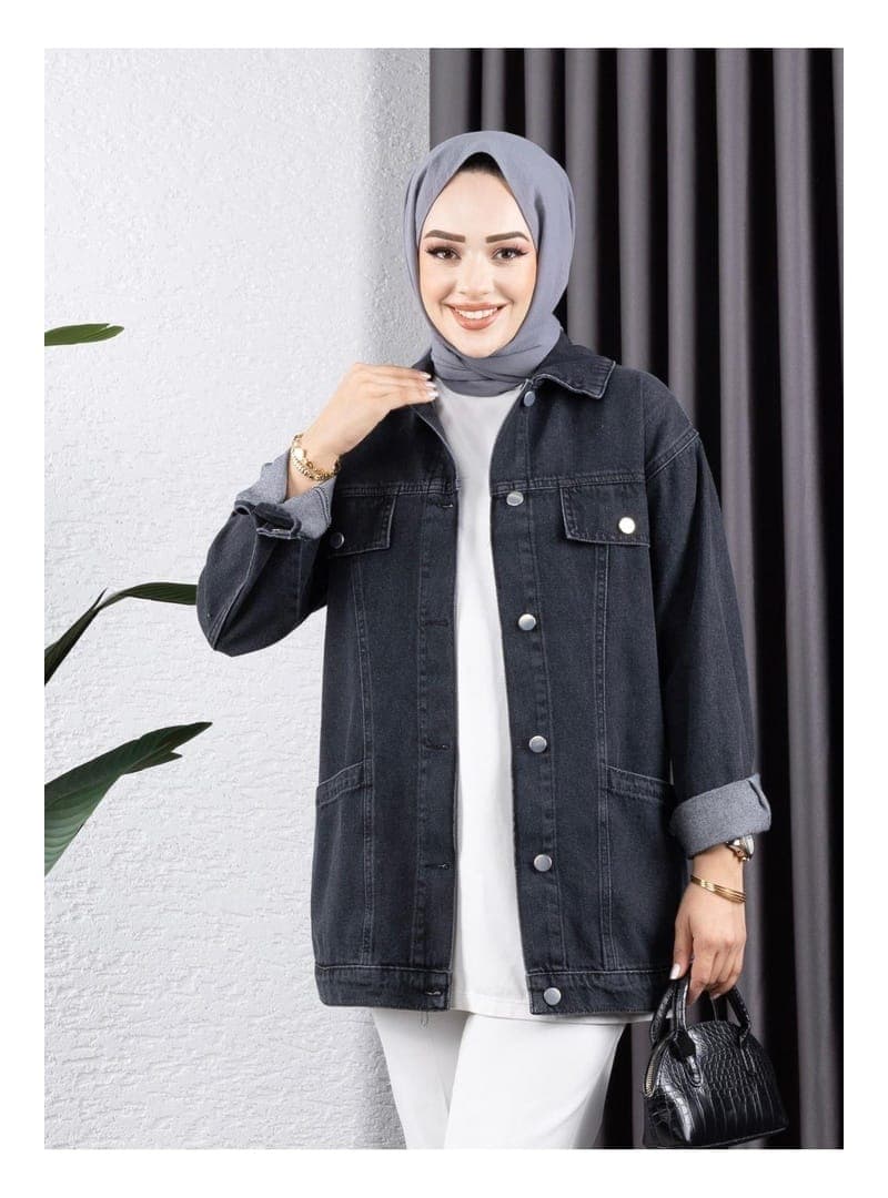 Cep Detaylı Denim Kot Ceket Siyah