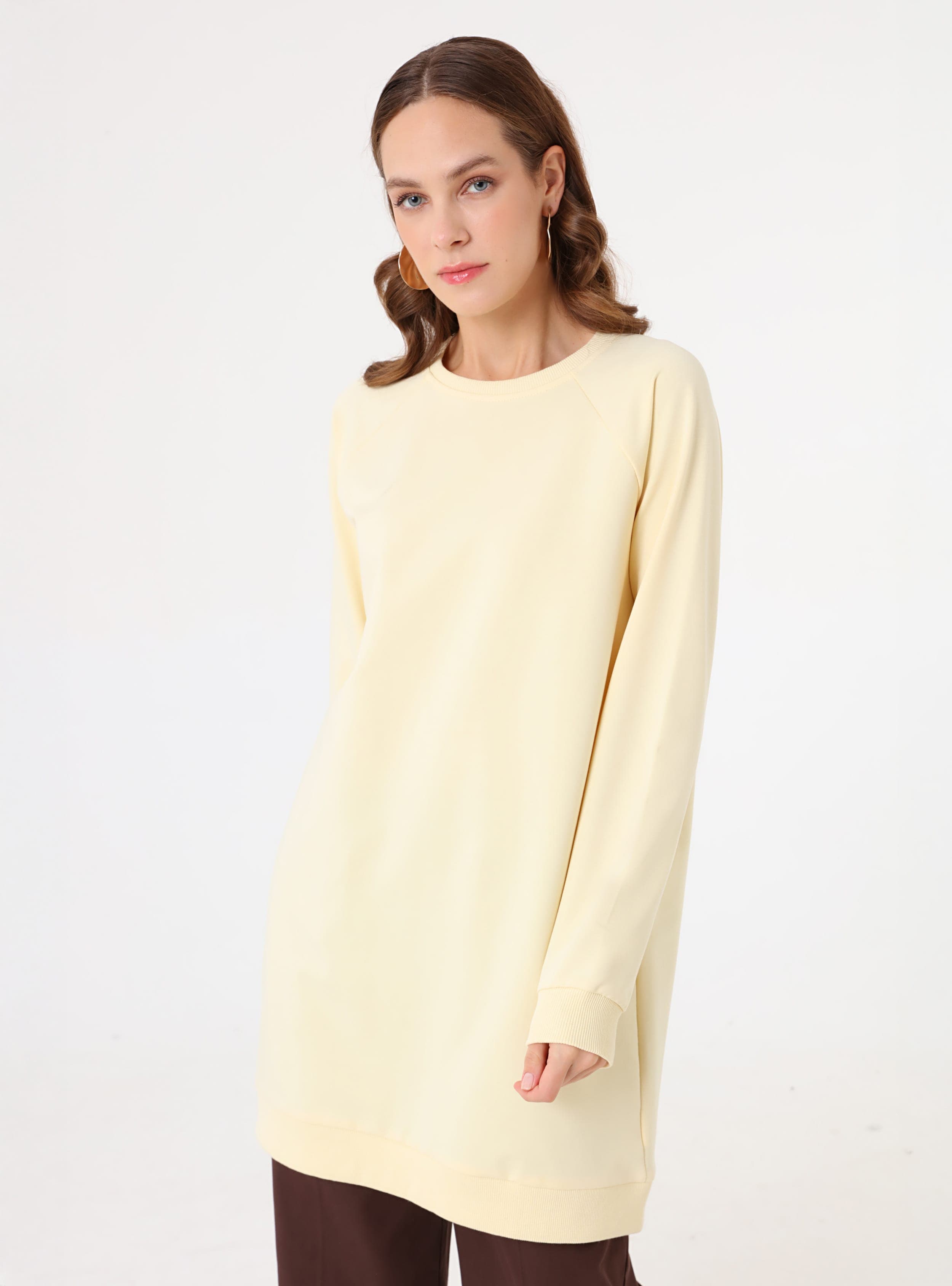 Bisiklet Yaka Reglan Kollu Sweatshirt Açık Sarı