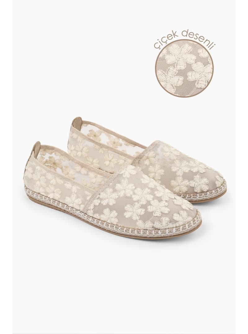 Çiçek İşlemeli Espadril Bej