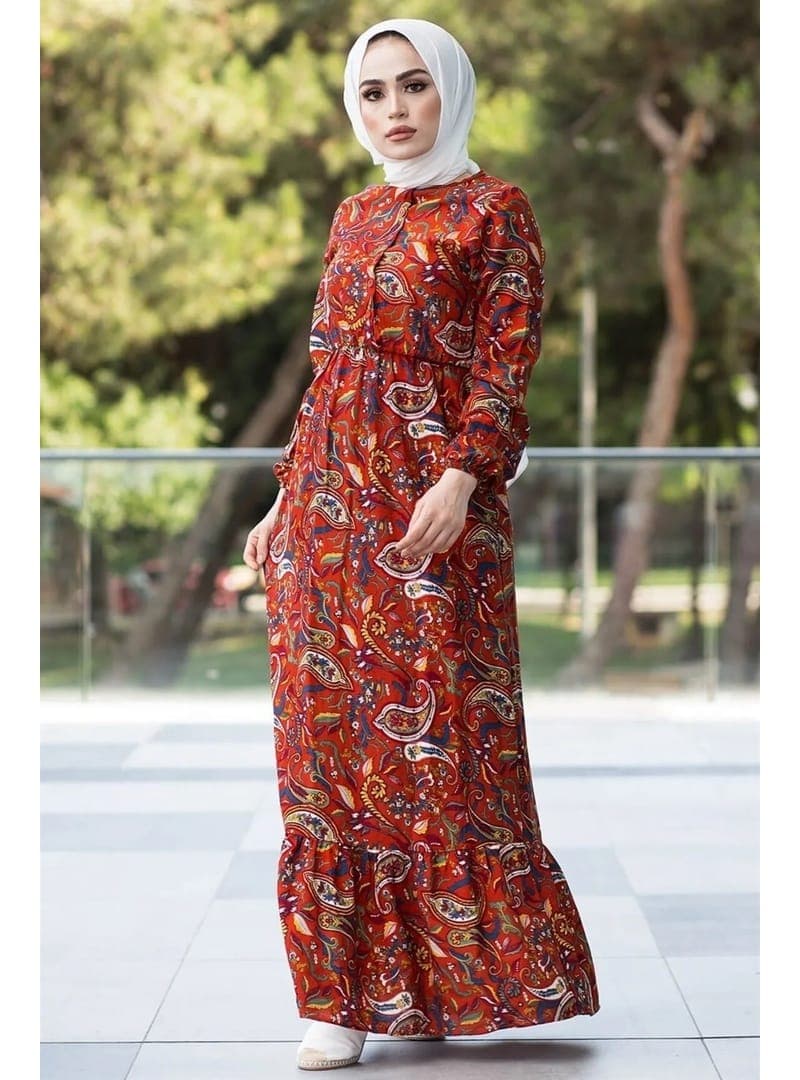 Şal Desen Dokuma Elbise Kiremit