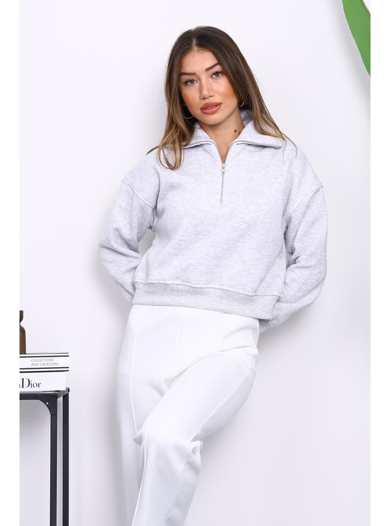 Gri Fermuarlı Crop Sweatshirt Gri