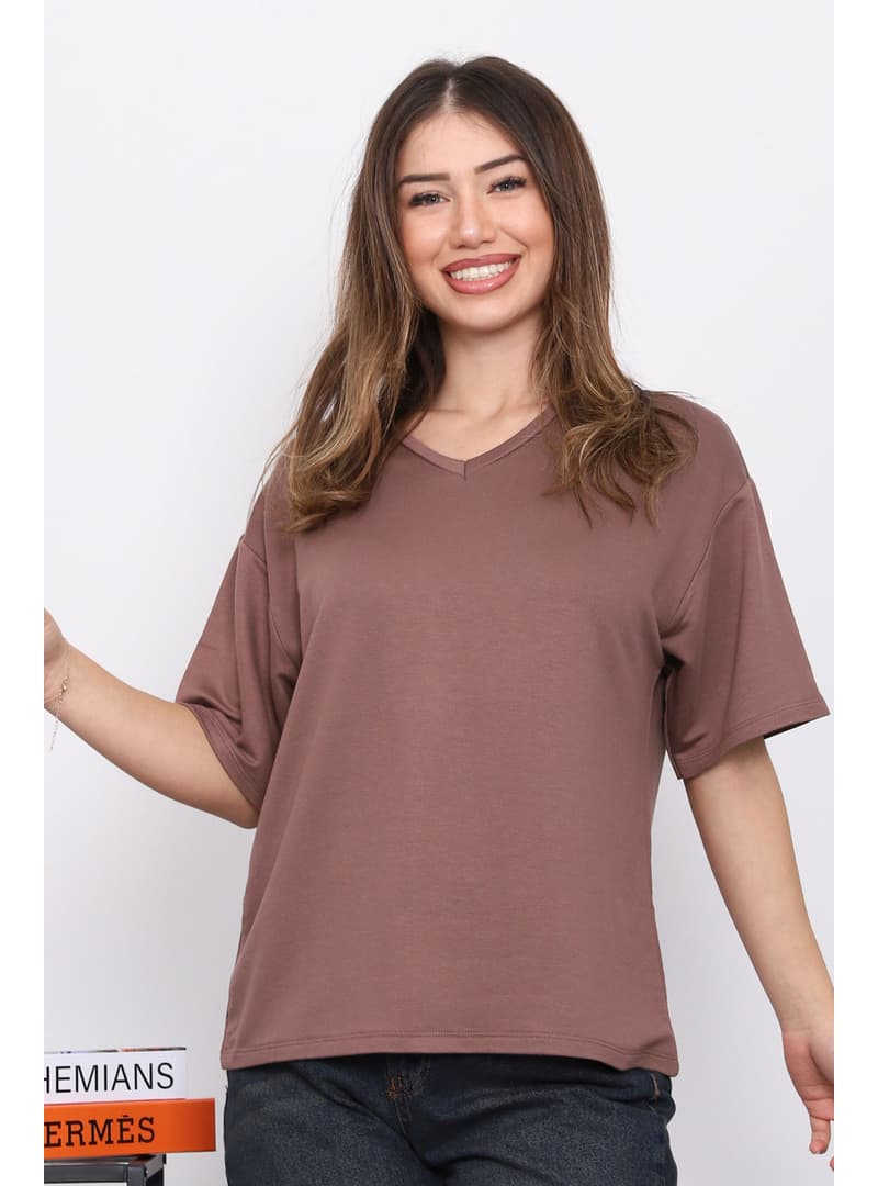 V Yaka Modal T-Shirt Kahverengi