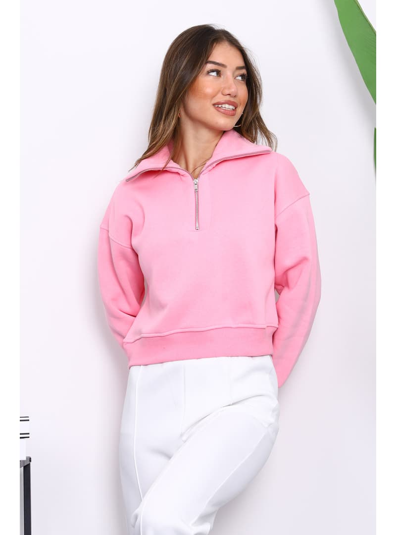 Pembe Fermuarlı Crop Sweat