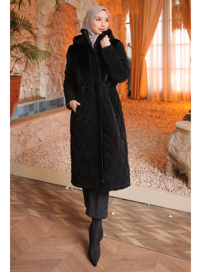 Kürk Detaylı Şişme Mont Siyah