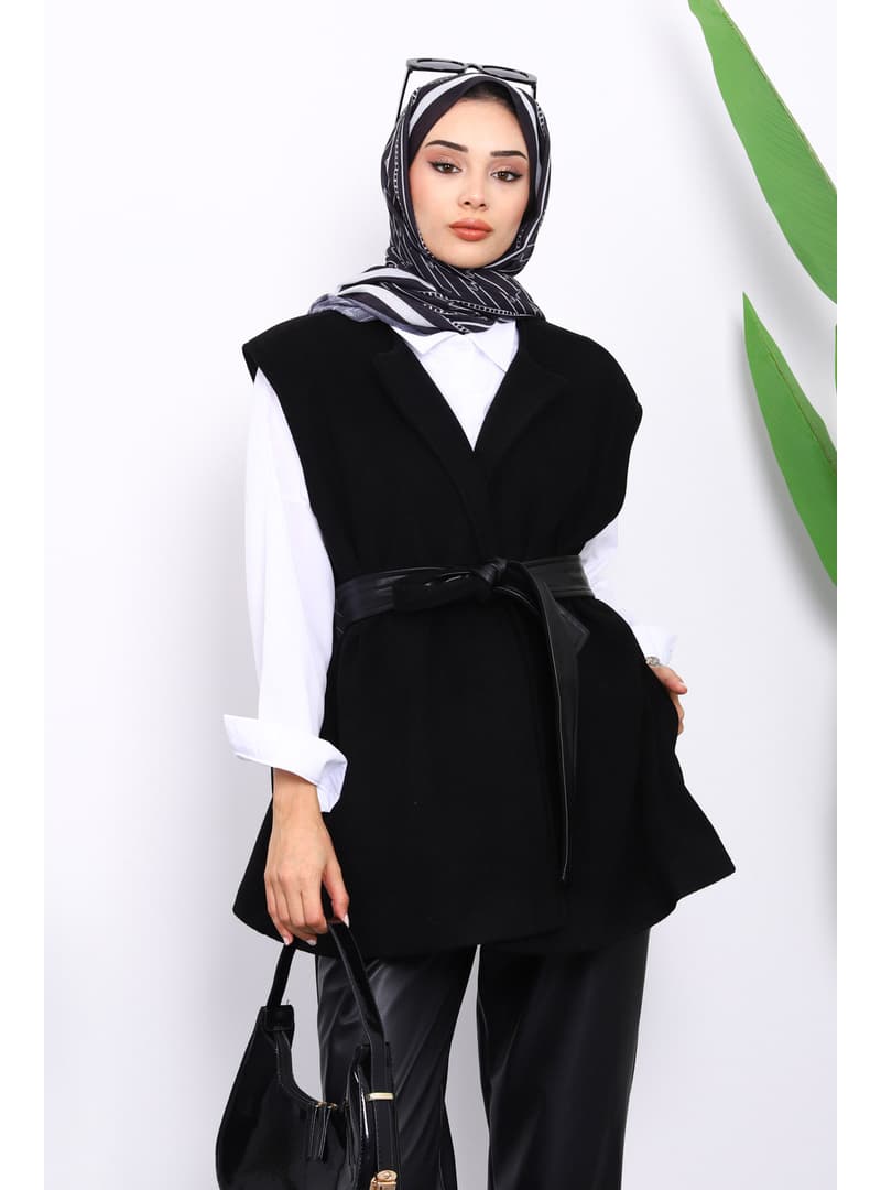 Siyah Kuşaklı Çift Cepli Kaşe Yelek