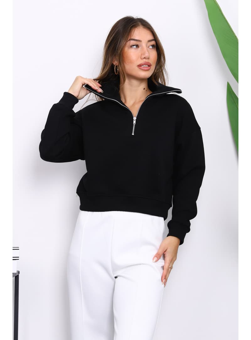 Siyah Fermuarlı Crop Sweat