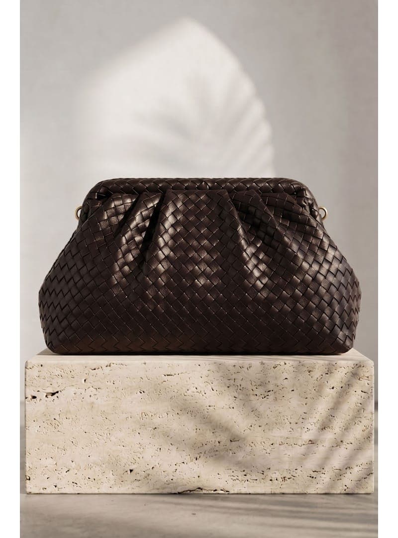 Örgü Desen Dokulu Acı Kahve Clutch Çanta