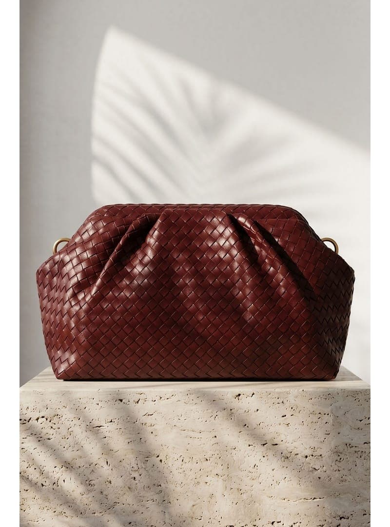 Örgü Desen Dokulu Bordo Clutch Çanta