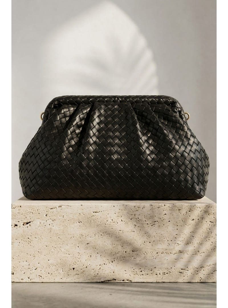 Örgü Desen Dokulu Siyah Clutch Çanta