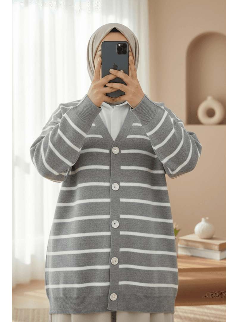 Çizgili V Yaka Oversize Triko Hırka Gri