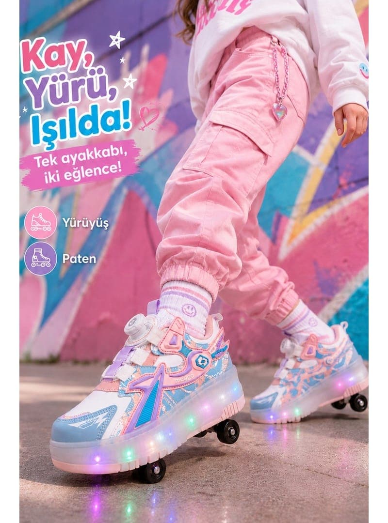 Muggo PATO Çocuk Işıklı Patenli Tekerlekli Sneaker Spor Ayakkabı Pudra