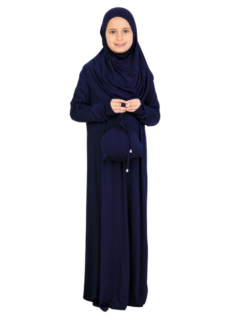 Penye Çocuk Namaz Elbisesi Çantalı Lacivert