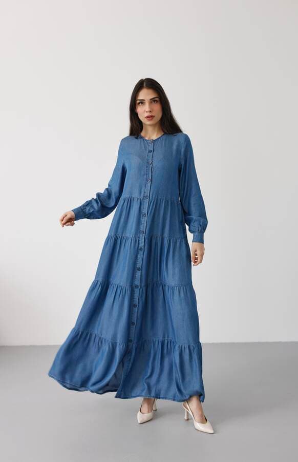6556-Denim Düğmeli Büzgülü Elbise Koyu Mavi
