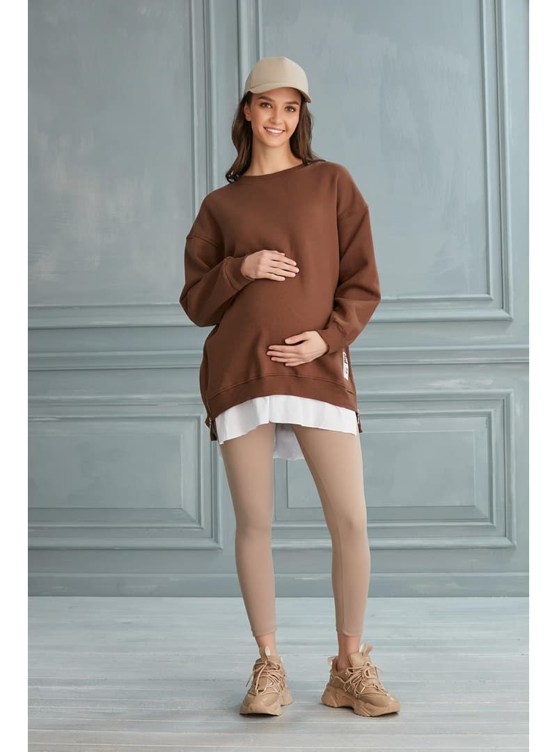 Hamile Üç İplik Penye Sweatshirt Kahve