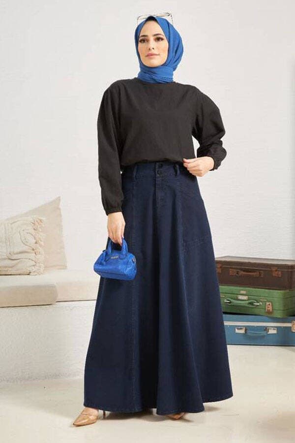 2195-Denim Mevlana Etek Lacivert