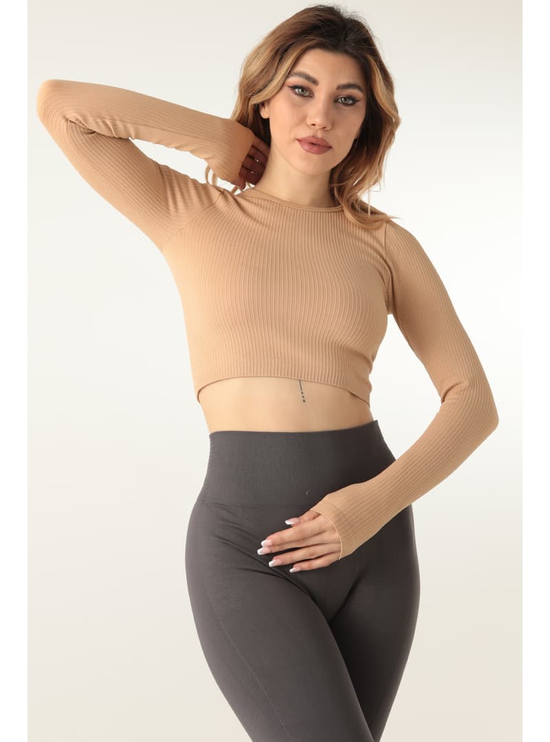 Fitilli Crop Uzun Kollu Bisiklet Yaka Üst Camel