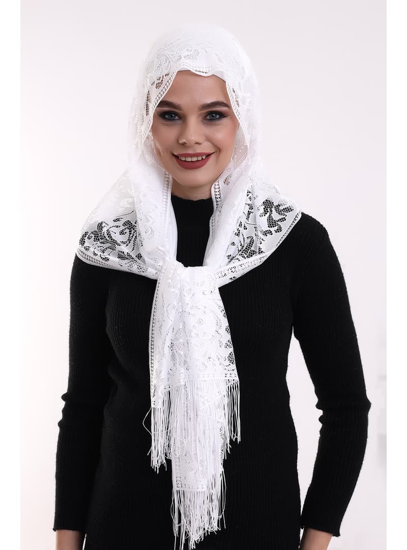 Pamuk Tül Dantelli Şal Beyaz