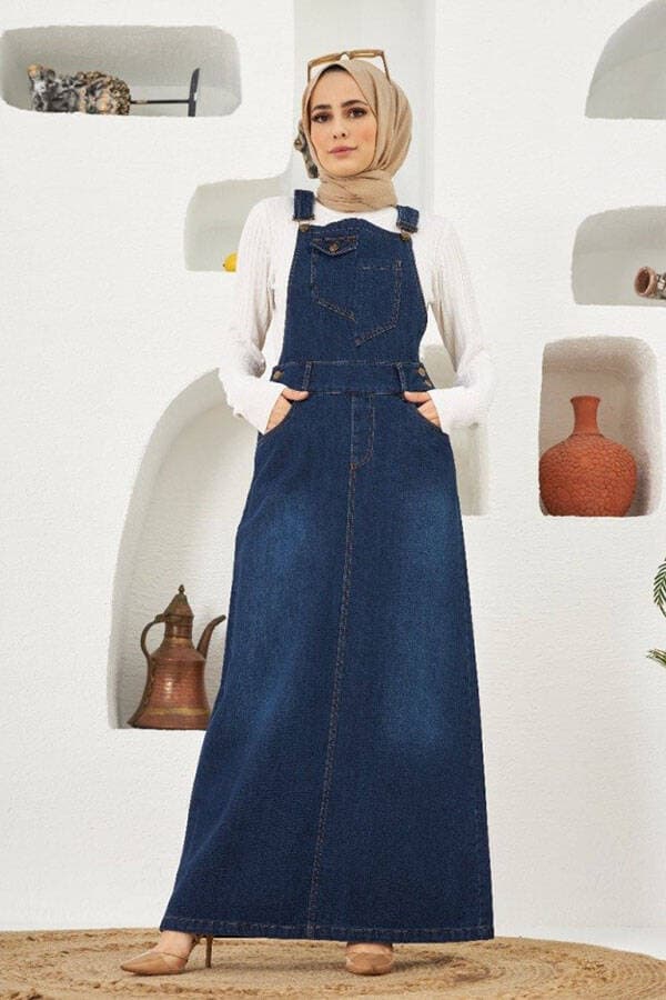 2262-Denim Salopet Etek Lacivert