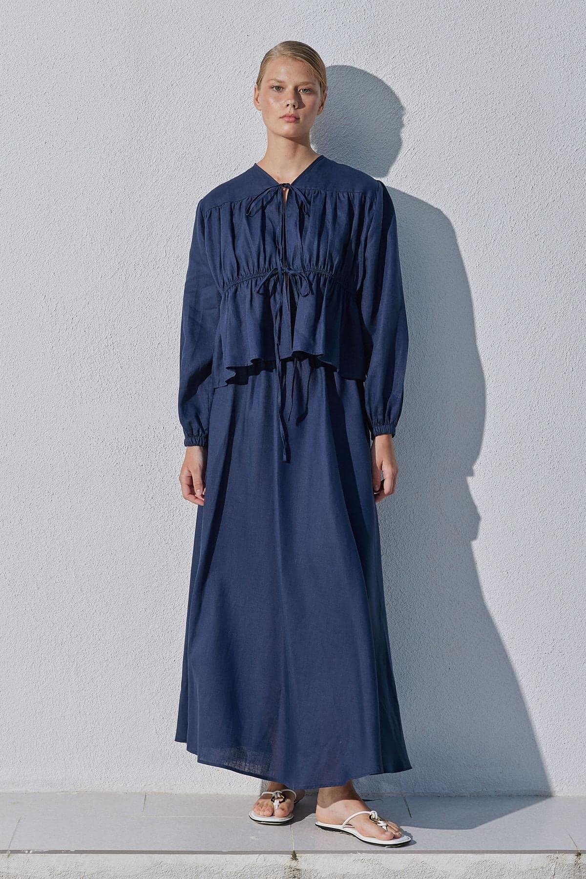 Peony Bağlama Detaylı Linen Bluz - Lacivert