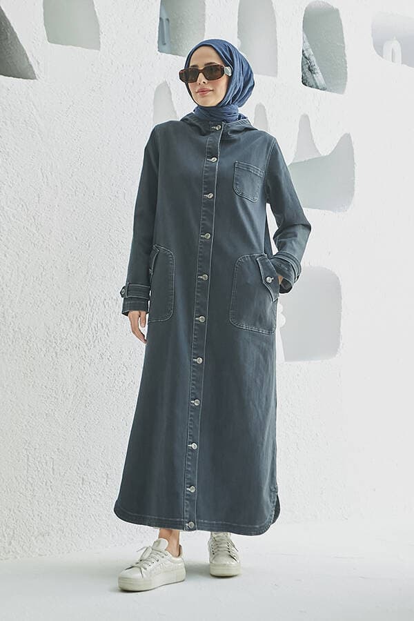 6329-Denim Kapşonlu  kap Koyu Gri