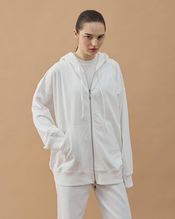 Cotton İki İplik Fermuarlı Kapüşonlu Sweatshirt Ekru