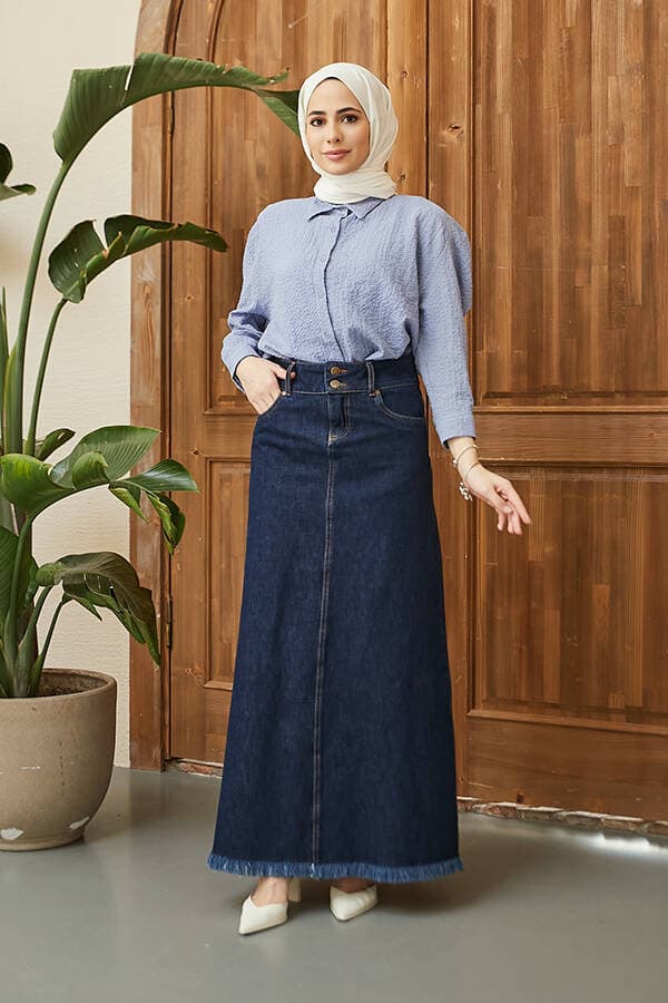 2252-Denim Püsküllü  Etek Lacivert