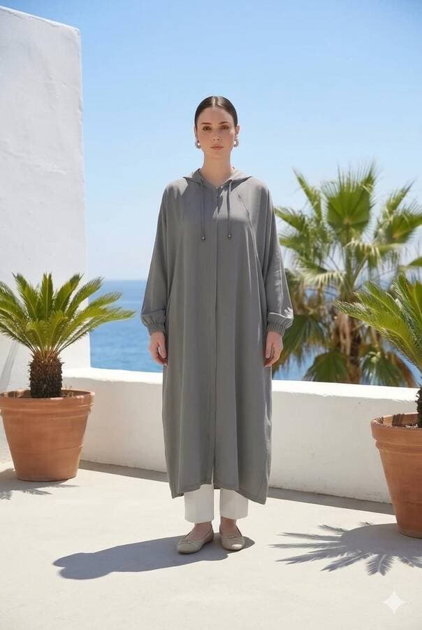6465-Denim Kapşonlu Yarasa Tunik Gri