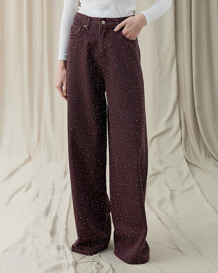 Taşlı Baggy Fit Jean Mürdüm