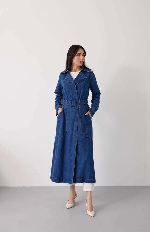 6669-Denim Kemerli Trençkot Koyu Mavi